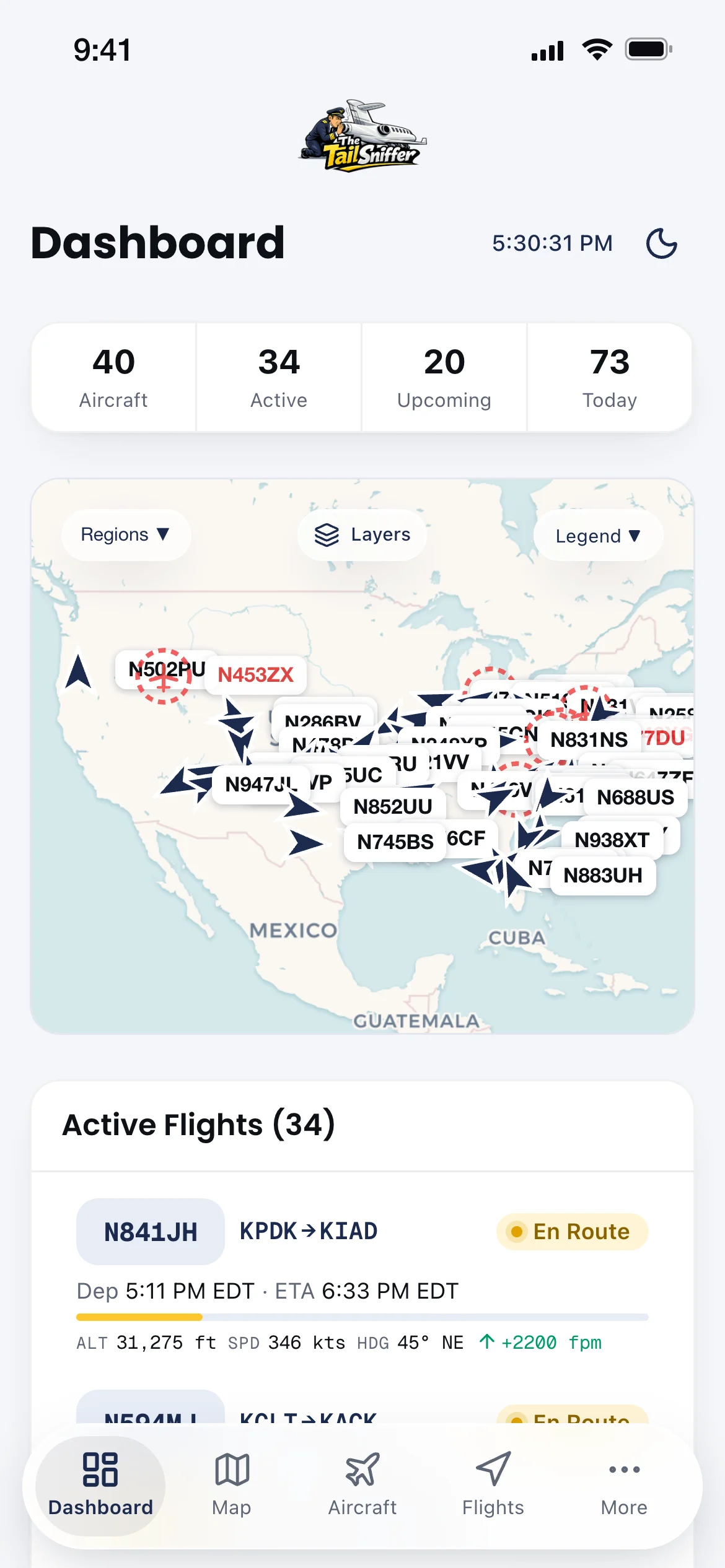 Dashboard: every aircraft and the flights in the air right now