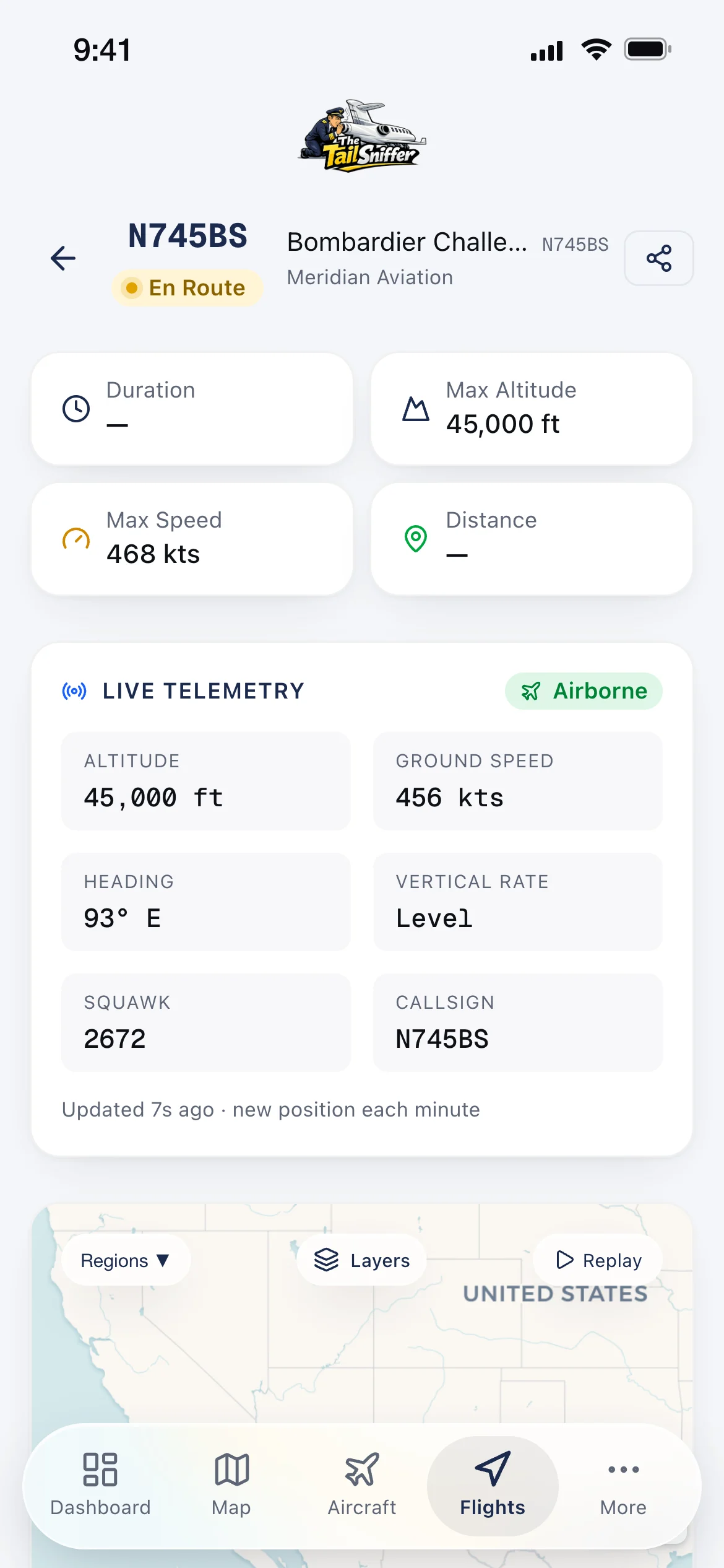 A flight in progress: live telemetry and the route so far