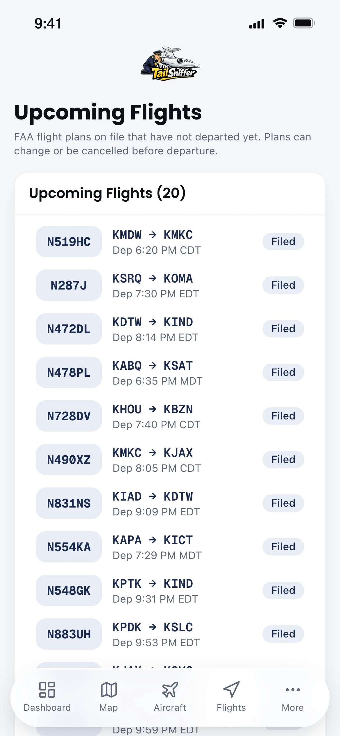 Upcoming flights from filed flight plans, before they fly