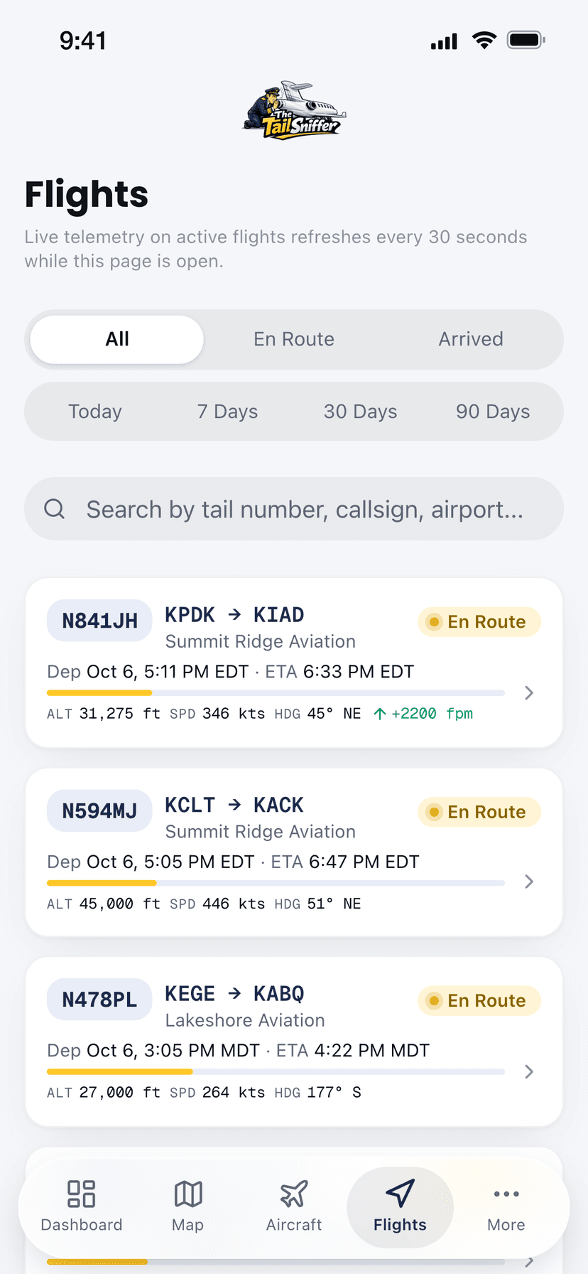 Flights — complete flight history with departure and arrival times