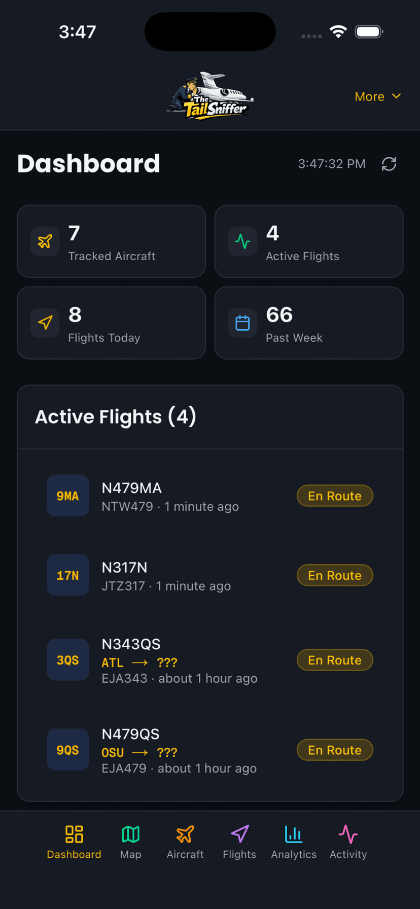 Dashboard — live fleet stats and active flights